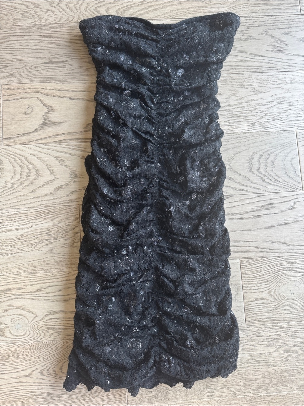 DENISE Black Lace Gray Lined Ruched Strapless Dress with Sparkle